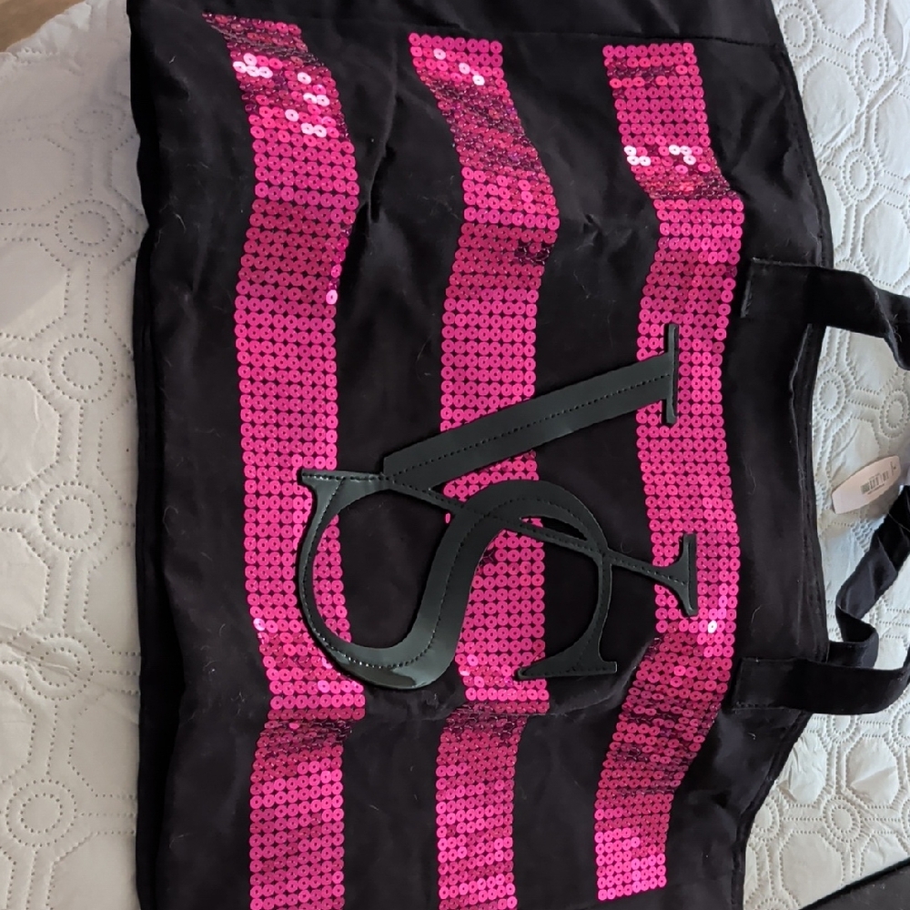 Victoria's Secret Black Tote with Pink Sequin Stripes
